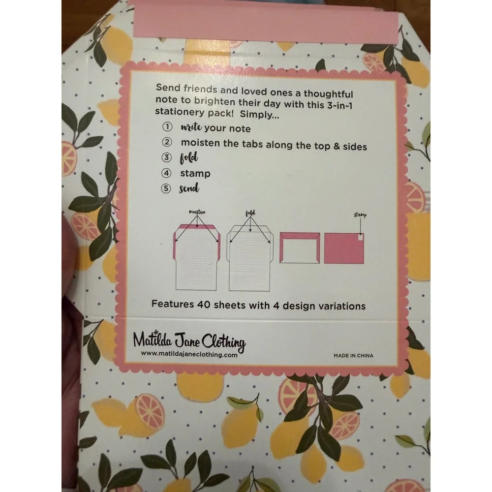Matilda Jane Clothing 3 in‎ 1 Stationery Pack Lemon Citrus Print Foldable Notes